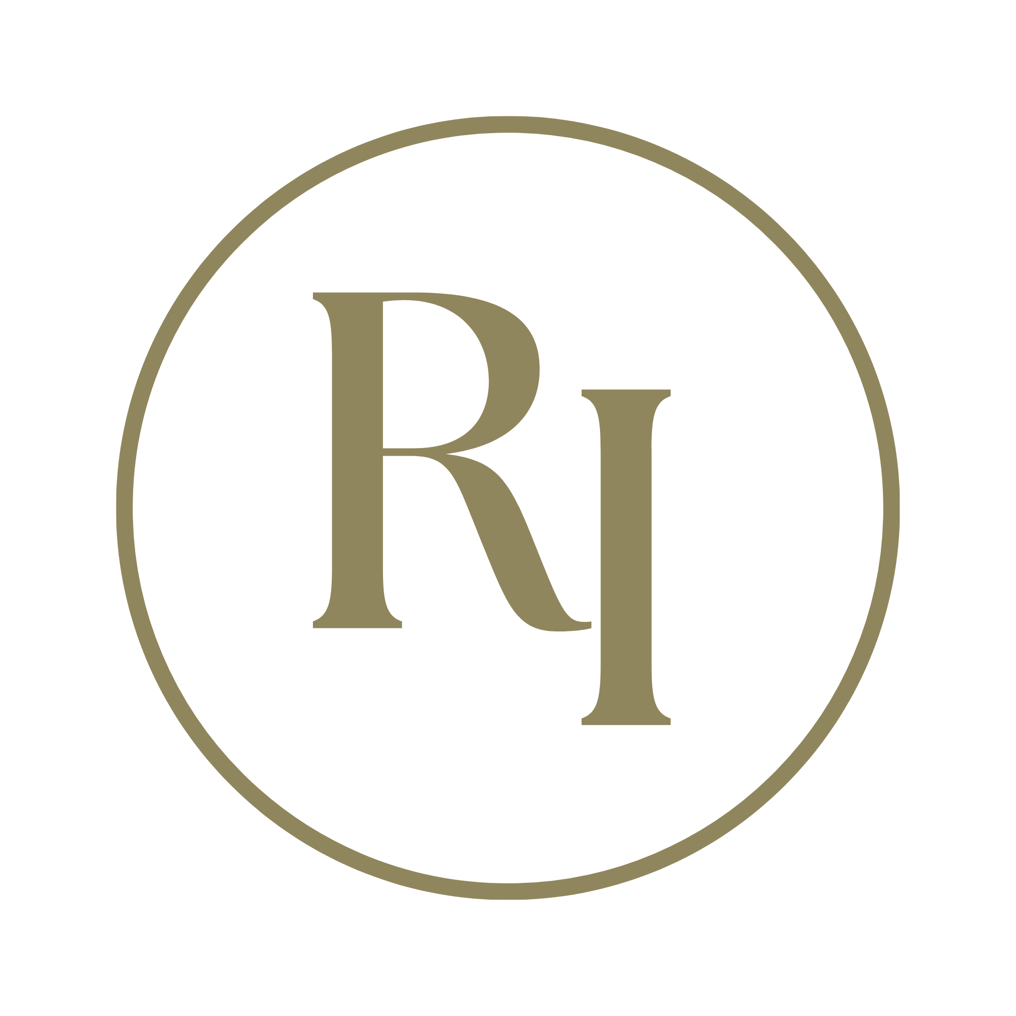 "RI logo in navy serif typography with a gold circular border"